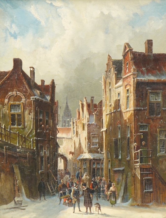 Phillips Sidney, Dutch street scene, monogrammed, inscribed in ink to the stretcher verso, oil on canvas, 54 x 41cm